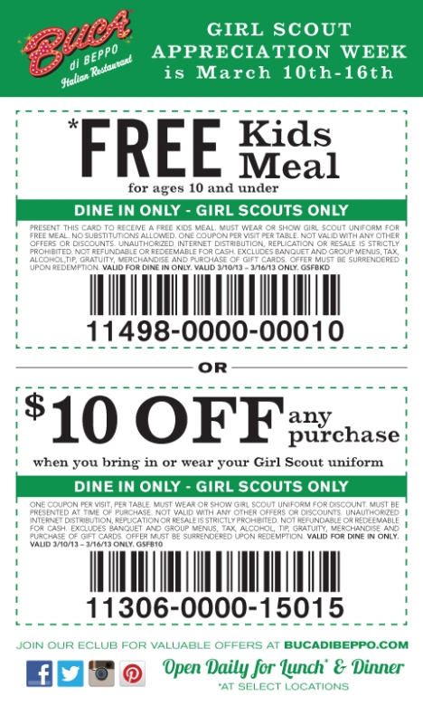 free meal for girl scouts at bucca di bepo